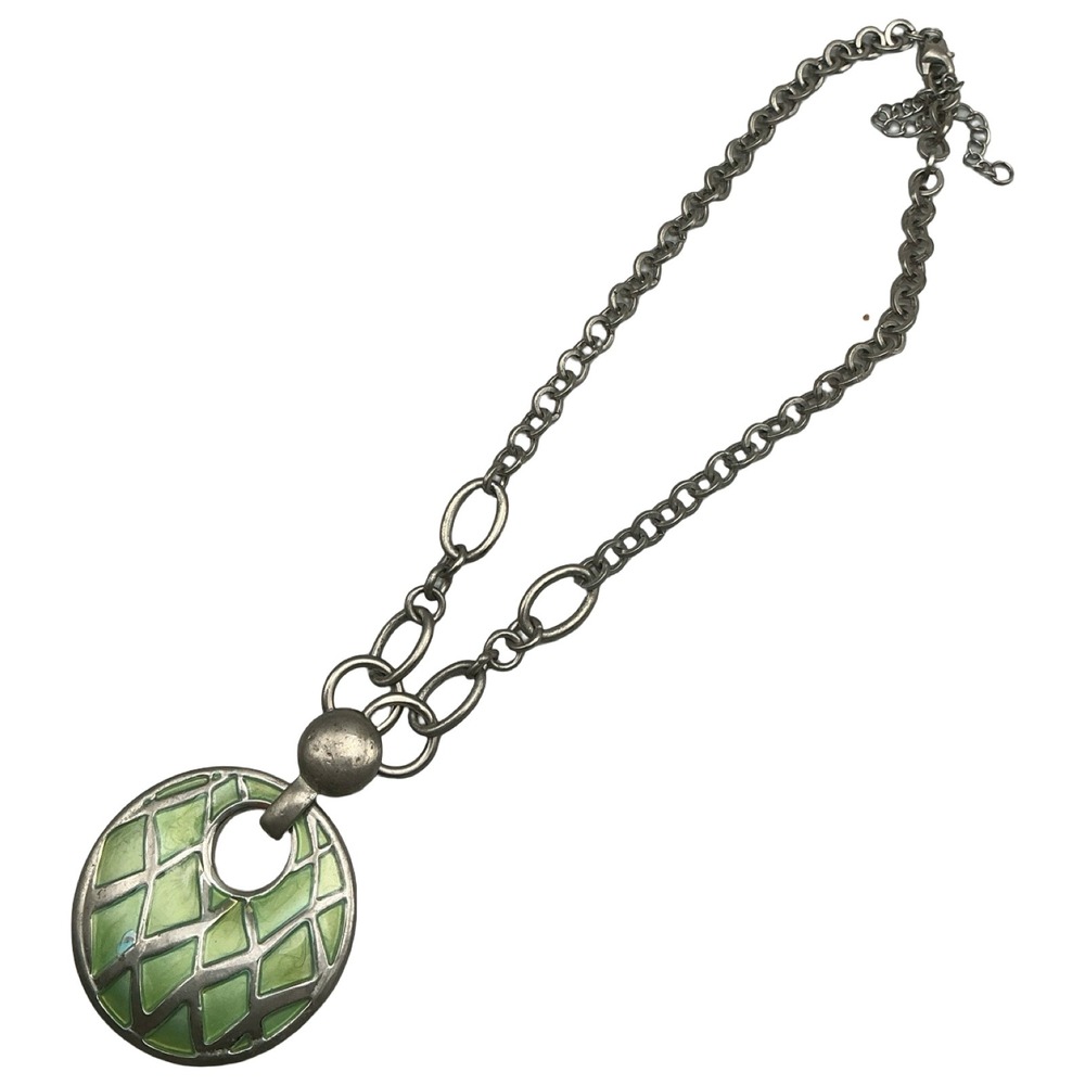 La Sophia Green Enamel Silver Tone Geometric Pendant Necklace Modernist 20 Inch